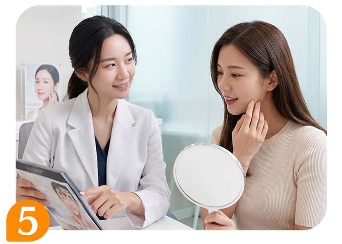 穿白色長袍的職員手持平板向手持圓鏡的女士講解療程內容，女士輕撫面頰，兩人面帶笑容。
