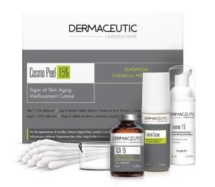 Dermaceutic Cosmo Peel 15% 專業煥膚套裝實物照，盒裝旁擺放 TCA 15 瓶裝、乳霜及棉花棒