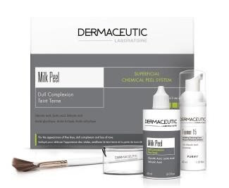 Dermaceutic Milk Peel 產品組合，包括白色外盒、兩支白色瓶裝產品、一個透明小量杯及一把化妝掃。