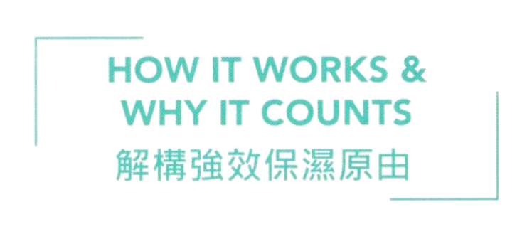 白底青綠色文字標題圖，上方為英文 HOW IT WORKS & WHY IT COUNTS，下方為中文解構強效保濕原由