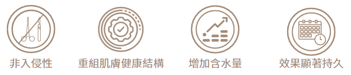 四個圓形線條圖示橫排，分別為手術刀具、齒輪、上升折線與日曆時鐘圖案，各配一句療程特點文字