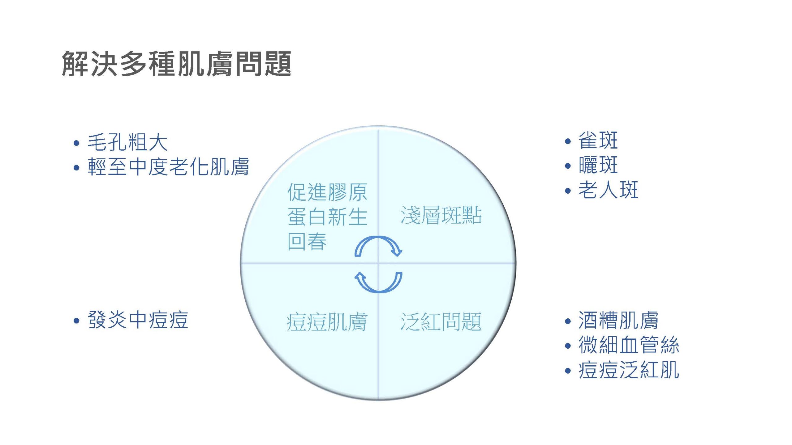 一張以圓形四象限為中心的圖表，藍色環形箭頭置於中央，四周列出毛孔粗大、雀斑、酒糟肌膚等肌膚狀況項目。