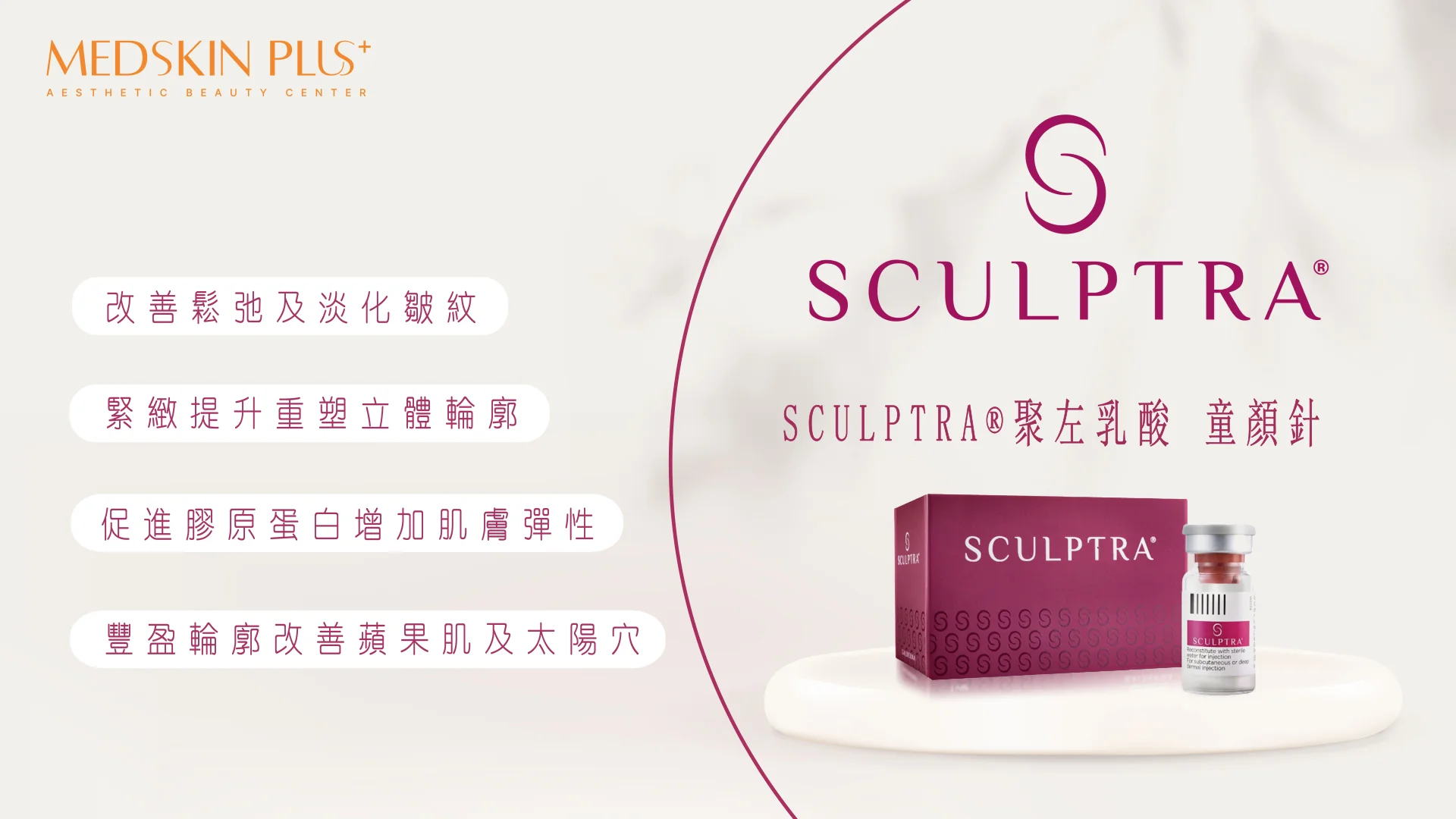 粉紅色系海報展示 SCULPTRA 聚左乳酸童顏針產品盒與透明小瓶，右側列出多項產品說明，左上角為 MEDSKIN PLUS+ 診所標誌。