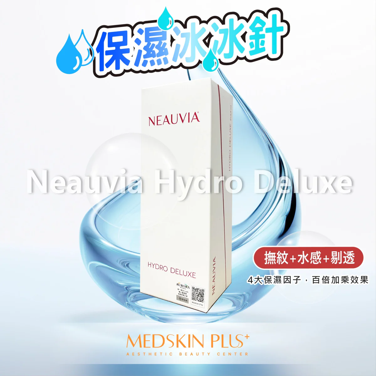 藍色水環背景的產品圖，中央直立白色 NEAUVIA HYDRO DELUXE 包裝盒，上方立體字寫有「保濕冰冰針」，右側紅色標籤，底部見 MEDSKIN PLUS+ 標誌