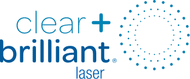 深藍色橫幅品牌標誌，左邊為淺藍色 clear + brilliant laser 英文字，右邊為圓形點狀圖案