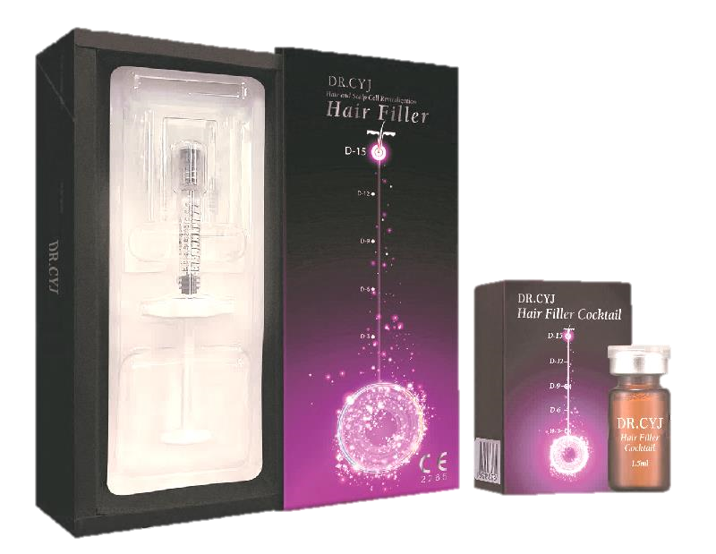 黑底 DR.CYJ Hair Filler 包裝盒，盒內透明膠模嵌有一支注射器，盒面為紫紅色漸層並印有 CE 標誌，旁有 Hair Filler Cocktail 盒及一支小瓶。