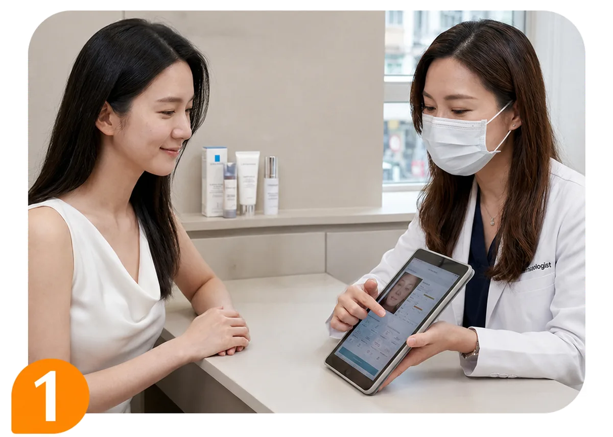 診所內女醫生戴口罩手持平板電腦，向坐着的女士講解面部影像及療程計劃，左下角有步驟編號