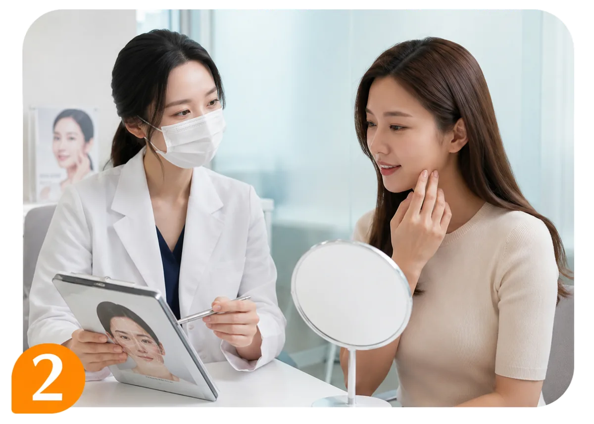 醫護人員手持平板向坐在鏡前的女客人展示面部影像，客人面帶微笑並輕撫下顎，畫面左下角標示步驟數字二