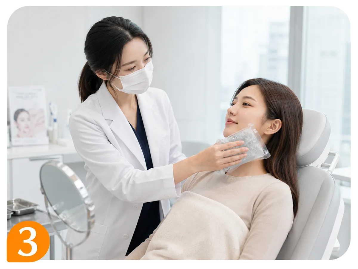 醫護人員戴著口罩，在診所內以冰袋為躺於療程椅上的女客人冷敷面頰，畫面左下角標示步驟數字三
