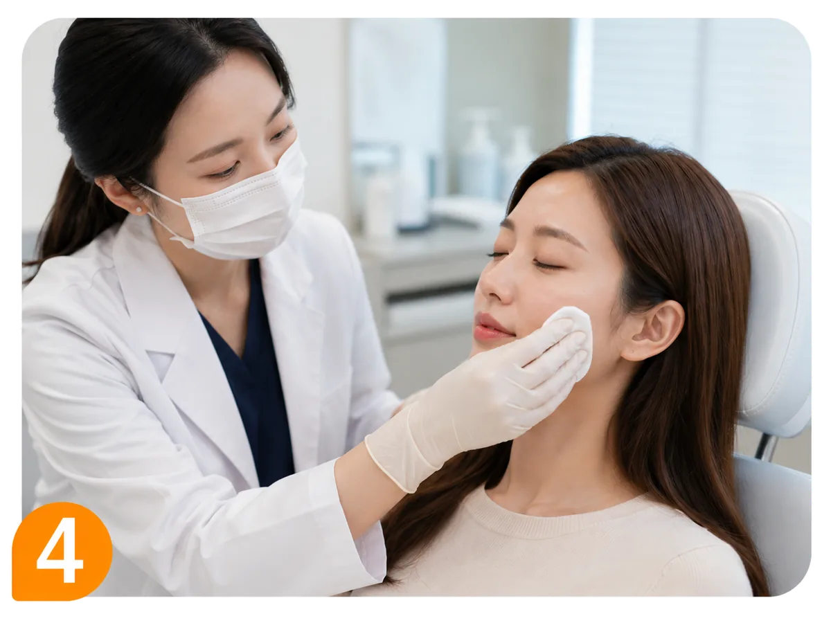 戴上口罩與手套的醫護人員以白色紗布輕拭女客人面頰，客人閉眼平躺於療程椅，畫面左下角標示步驟數字四