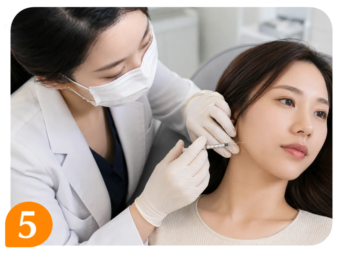 BOTOX 療程示範照，身穿白色袍、戴口罩及手套的治療師以針筒為躺臥的女士進行面部注射，左下角有橙色圓形標記數字 5
