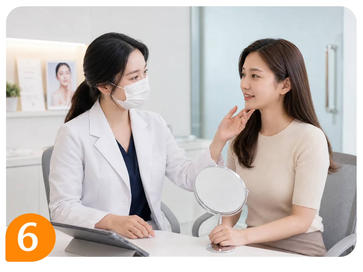 女醫護人員戴白色口罩及白袍，在診所內以手指著女客人的下顎位置講解，客人手持座檯鏡，桌面放有一部平板電腦，左下角標有橙色數字 6。